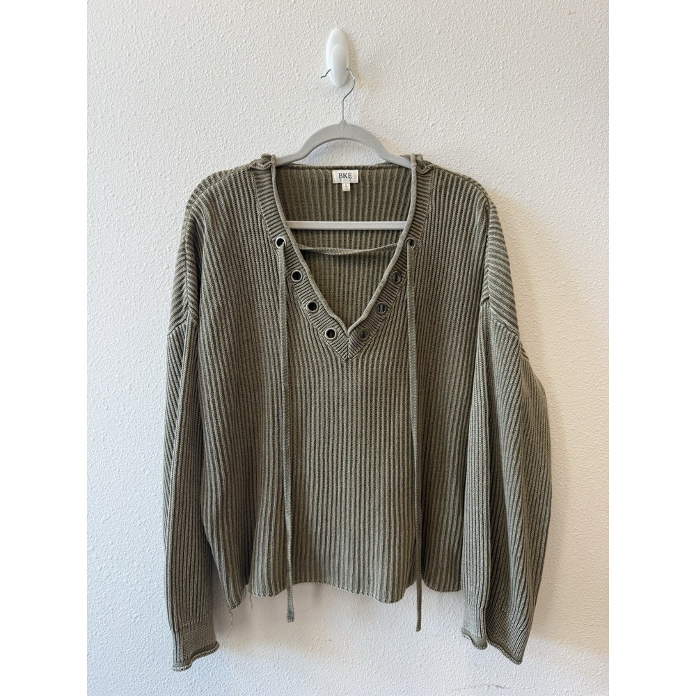 BKE Hooded Lace Up Sweater Womens Large Olive Ribbed Knit Hoodie Boho 100% Cotto